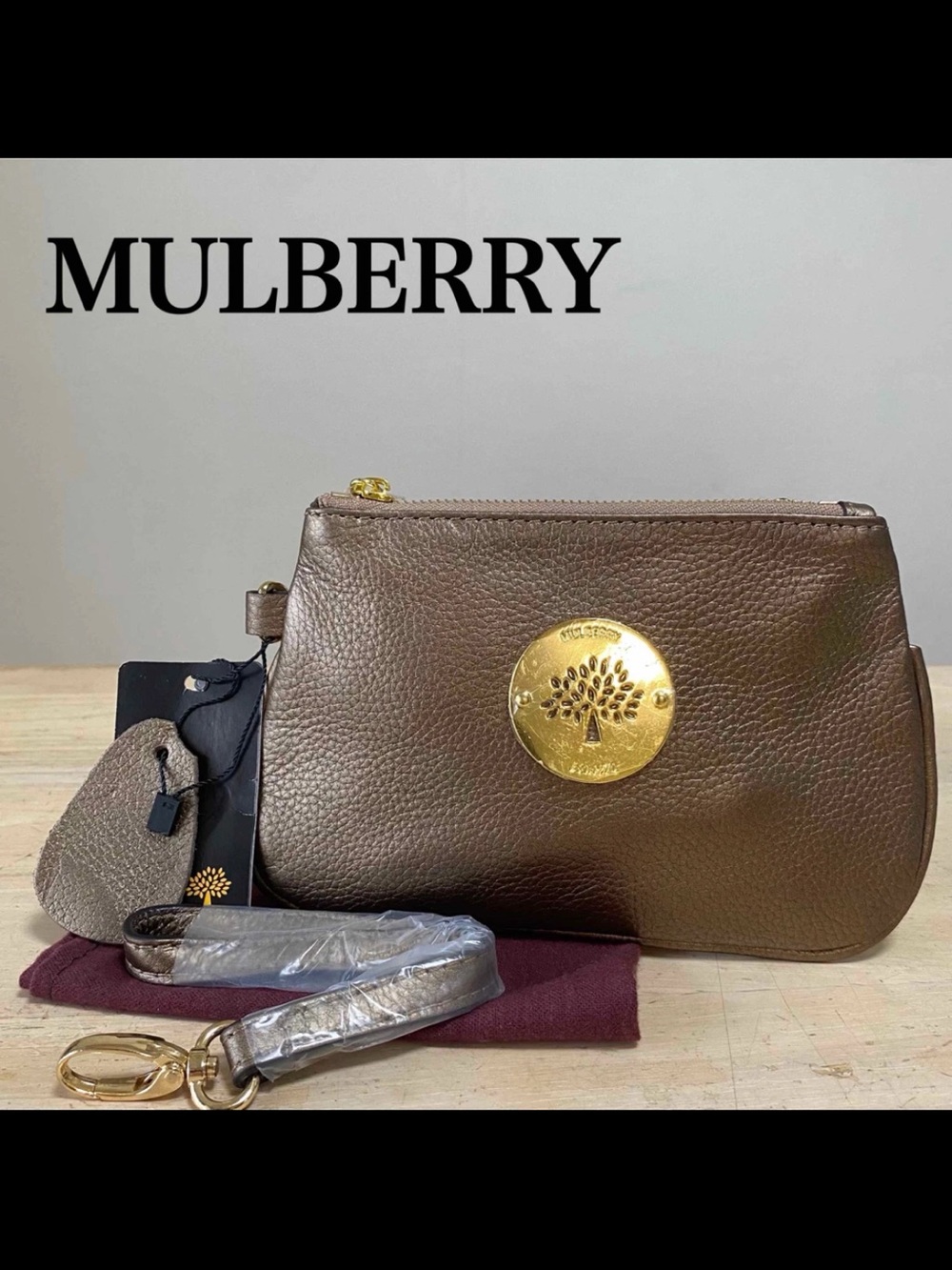 Mulberry Metallic Brown Crossbody Wristlet with Gold Medallion